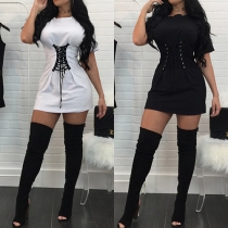 Fashion Solid Color Short Sleeve Round Neck Lace-up T-shirt Dress