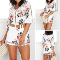 Bohemian Style Half Sleeve V-neck Crop Top + High Waist Shorts Printed Two-piece Set