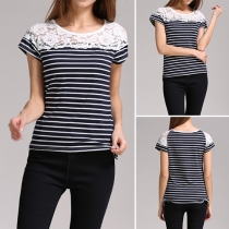 Fashion Lace Spliced Short Sleeve Round Neck Striped T-shirt