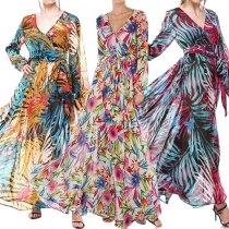 Bohemian Style Long Sleeve V-neck High Waist Printed Maxi Dress
