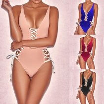 Sexy Backless V-neck Lace-up One-piece Swimsuit