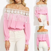 Sexy Off-shoulder Boat Neck Long Sleeve Lace Spliced Top