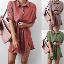 Fashion Solid Color Short Sleeve POLO Collar Loose Shirt Dress