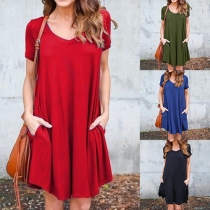 Fashion Solid Color Short Sleeve V-neck Loose Dress