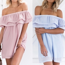 Sexy Off-shoulder Boat Neck Ruffle Solid Color Dress