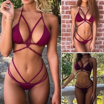 Sexy Solid Color Hollow Out Lace-up Bikini Set