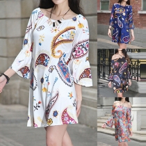 Sexy Off-shoulder Boat Neck 3/4 Sleeve Printed Dress