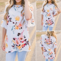 Fashion Lotus Sleeve Round Neck Printed Top