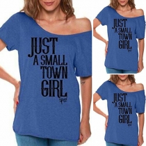 Fashion Letters Printed Oblique Shoulder Short Sleeve T-shirt