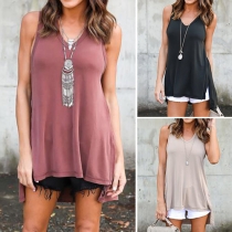 Fashion Solid Color Sleeveless High-low Hem Hooded Shirt