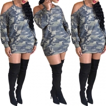 Sexy Off-shoulder Long Sleeve Round Neck Camouflage Printed T-shirt