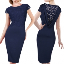 Elegant Solid Color Lace Spliced Slim Fit Party Dress