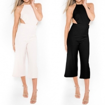 Sexy Backless Hollow Out High Waist Solid Color Jumpsuit
