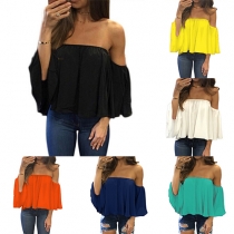 Sexy Off-shoulder Trumpet Sleeve Solid Color Chiffon Top