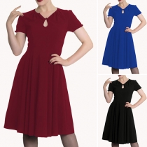 Elegant Solid Color Short Sleeve V-neck Dress
