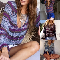 Bohemian Style Long Sleeve V-neck Printed Blouse