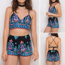 Sexy Backless V-neck Cami Top + High Waist Shorts Embroidered Two-piece Set
