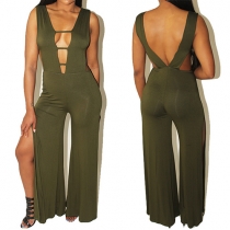 Sexy Backless Deep V-neck Slit Hem High Waist Slim Fit Jumpsuit