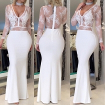 Sexy Deep V-neck See-through Lace Spliced Long Sleeve Evening Dress