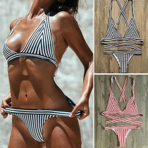 Sexy Halter Bra + Low-waist Briefs Striped Bikini Set