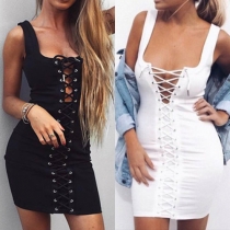 Fashion Solid Color Sleeveless Round Neck Lace-up Bodycon Dress