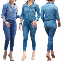 Fashion Long Sleeve Denim Shirt + High Waist Skinny Jeans Two-piece Set