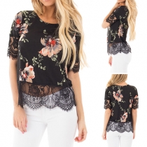 Fashion Short Sleeve Round Neck Lace Spliced Printed T-shirt