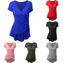 Fashion Solid Color Short Sleeve V-neck High-low Hem T-shirt