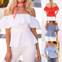 Sexy Off-shoulder Boat Neck Ruffle Blouse