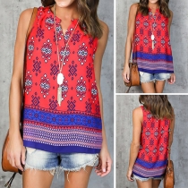 Ethnic Style Sleeveless V-neck Printed Top