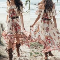 Bohemian Style Off-shoulder Boat Neck Printed Maxi Dress