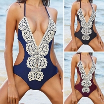 Sexy Backless Deep V-neck Lace Spliced One-piece Swimsuit