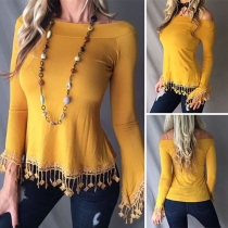 Sexy Off-shoulder Boat Neck Long Sleeve Solid Color Tassel T-shirt