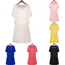 Elegant Solid Color Short Sleeve Rhinestone Round Neck Elastic Waist Dress