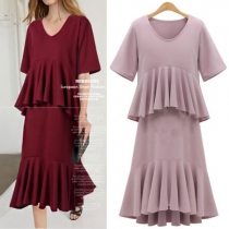Elegant Solid Color Short Sleeve Round Neck Double-layer Ruffle Dress