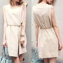 Fashion Solid Color Sleeveless Round Neck Dress with Waist Strap