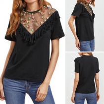 Sexy See-through Gauze Spliced Short Sleeve Round Neck T-shirt