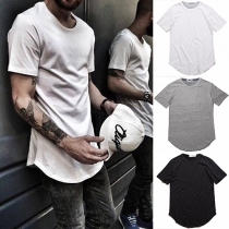 Hip-hop Style Short Sleeve Round Neck Arc Hem Solid Color Men's T-shirt