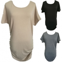 Fashion Solid Color Dolman Sleeve Round Neck Wrinkled Hem T-shirt