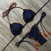 Sexy Contrast Color Tassel Lace-up Halter Bikini Set