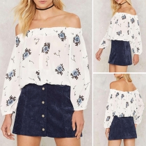 Sexy Off-shoulder Boat Neck Long Sleeve Printed Blouse