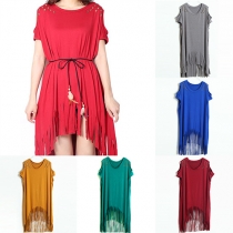 Fashion Solid Color Off-shoulder Short Sleeve Round Neck Tassel Hem T-shirt Dress