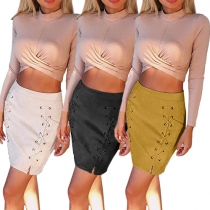 Fashion Solid Color High Waist Lace-up Bust Skirt