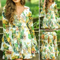 Sexy Hollow Out Lace-up Deep V-neck Trumpet Sleeve Printed Dress