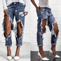 Distressed Style High Waist Hollow Out Ripped Jeans