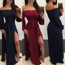 Sexy Off-shoulder Slit Hem Long Sleeve Solid Color Party Dress