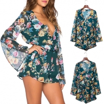 Sexy Deep V-neck Trumpet Sleeve Printed Chiffon Romper