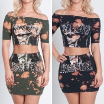 Sexy Off-shoulder Short Sleeve Crop Top + High Waist Bust Skirt Printed Two-piece Set