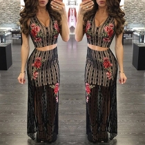 Sexy Deep V-neck Crop Top + High Waist Skirt Embroidered Lace Two-piece Set