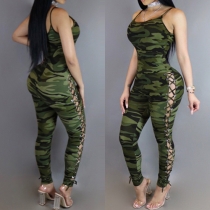 Sexy Hollow out Lace-up Camouflage Printed Sling Jumpsuit